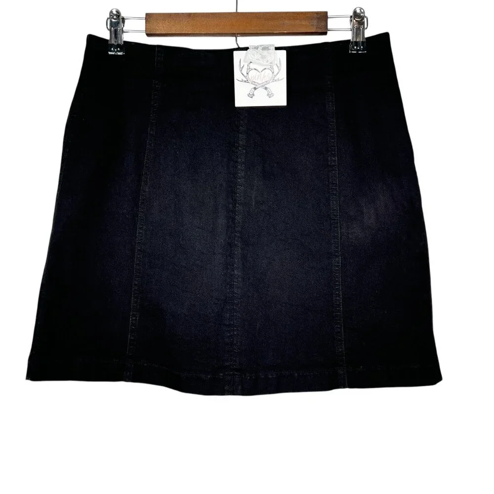 NWT Parker Womens Black Back Zip Denim Mini Stretch Skirt Size Large - Picture 1 of 9